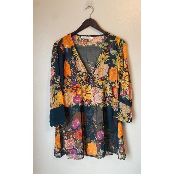 Vintage Y2K Boho Lemon Collection Floral Sheer Deep V Mini Dress Swim coverup - Picture 2 of 16